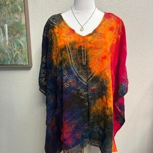 Jessica Taylor Boho Tie Dye Rayon Tunic Festival Kaftan Top One Size